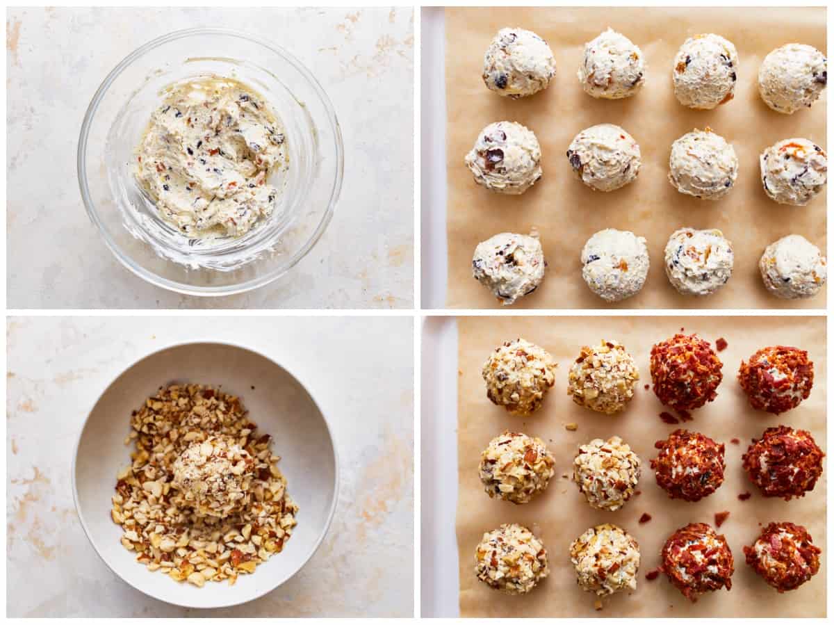 A series of photos showing how to make mini cheese balls.