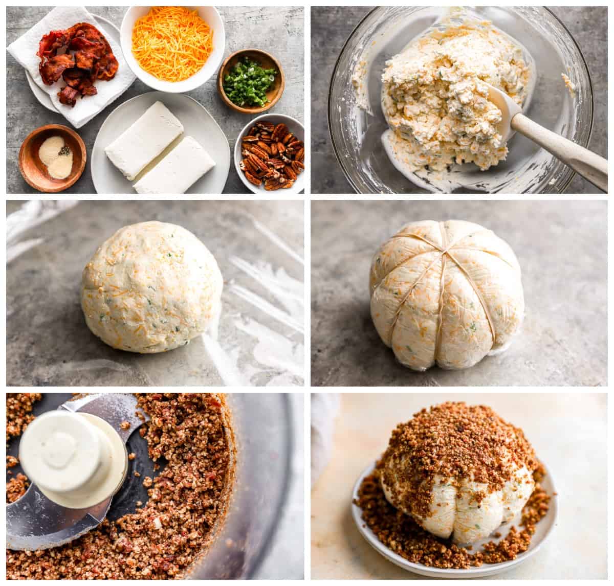 A collage of photos showing the process of making a pumpkin shaped cheese ball.
