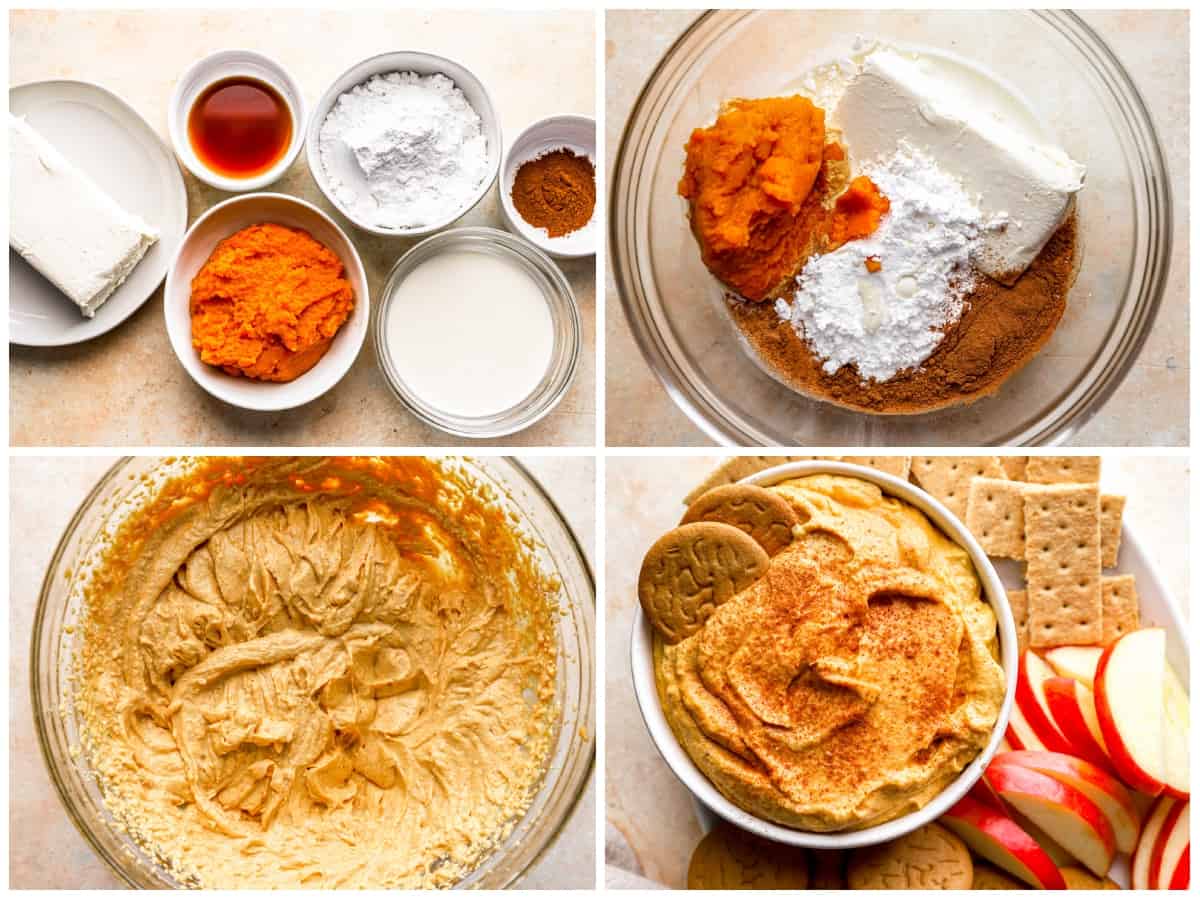 A collage of pictures showing how to make pumpkin pie dip.