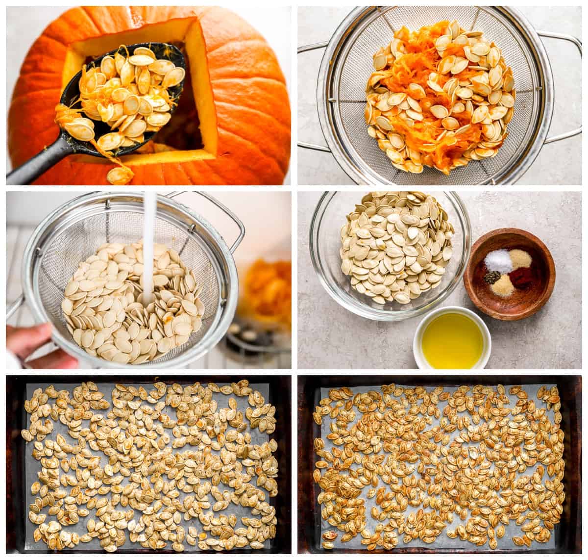 A collage of photos showing how to make roasted pumpkin seeds.