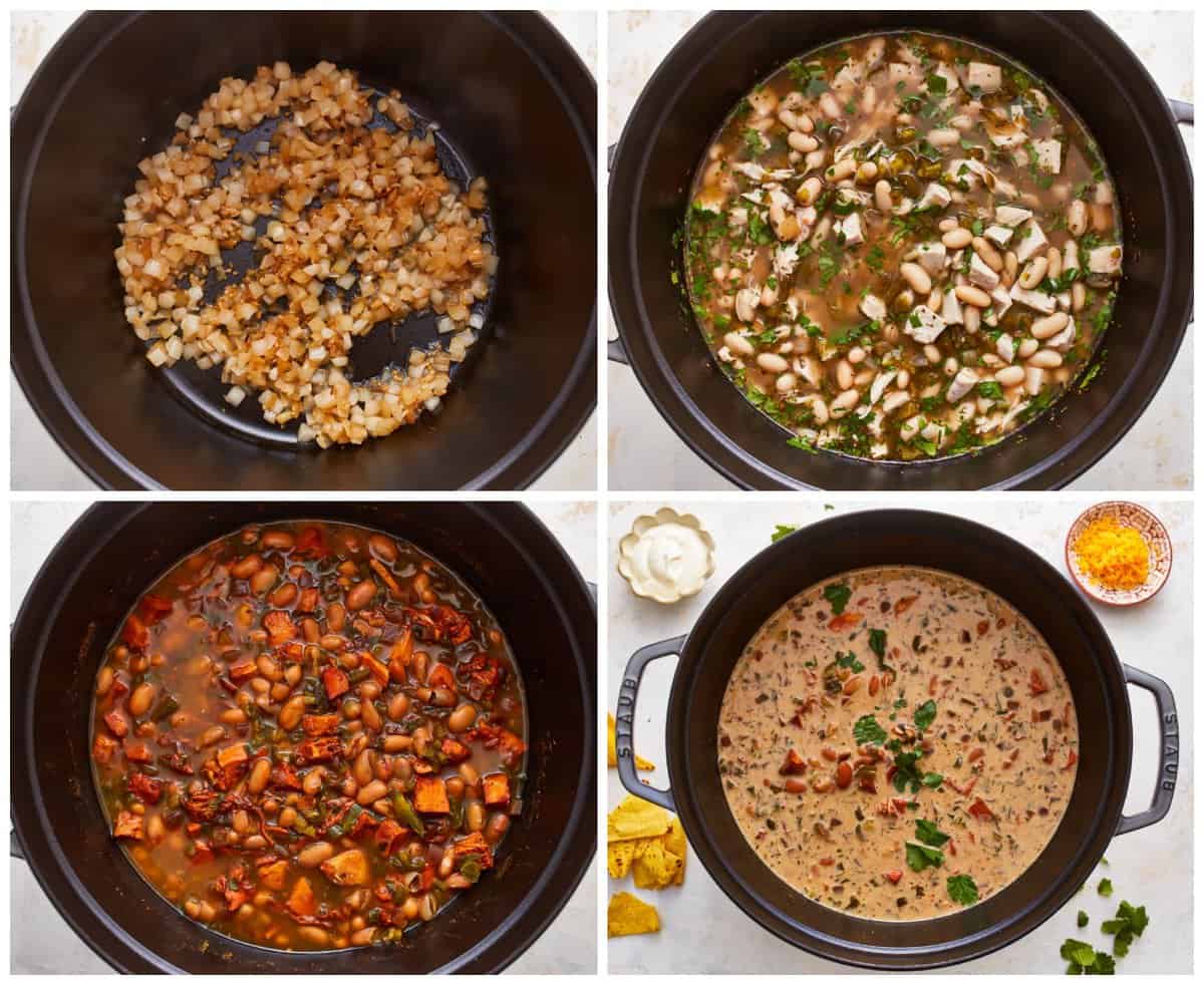 Four photos showing how to make white chicken chili.