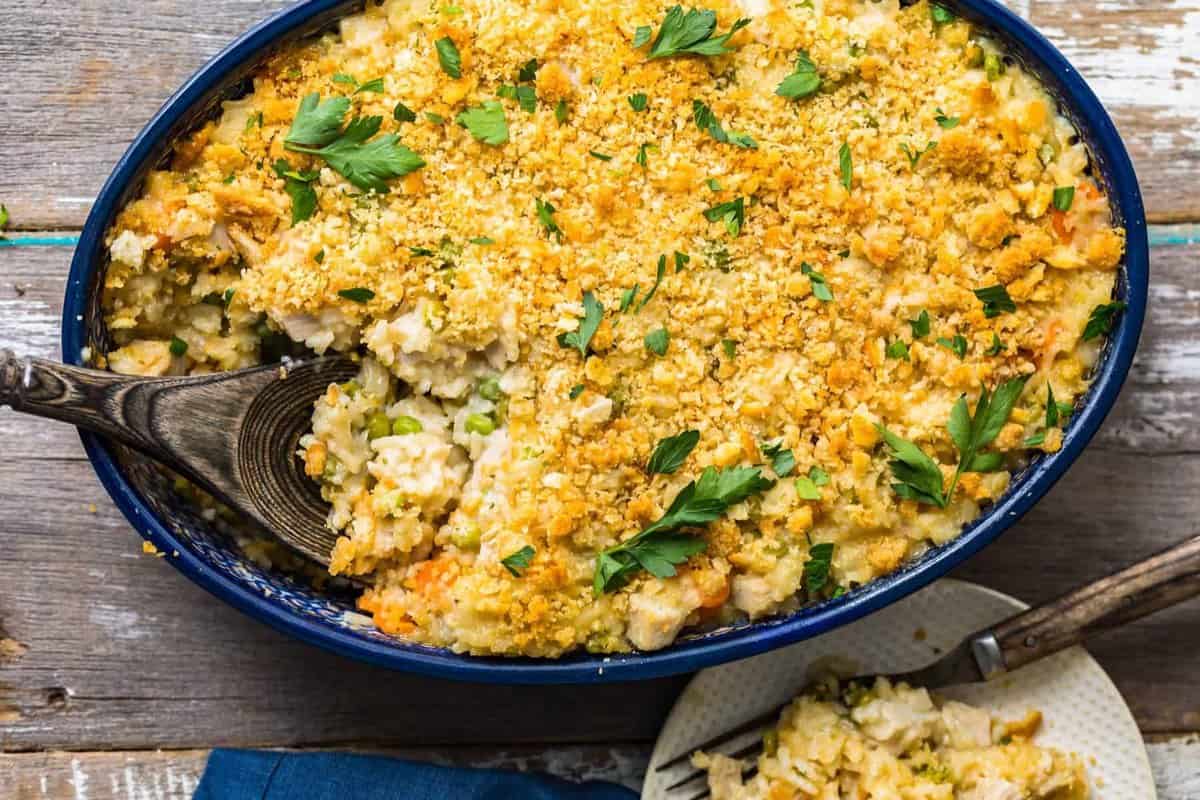 Turkey Rice Casserole garnished with fresh herbs