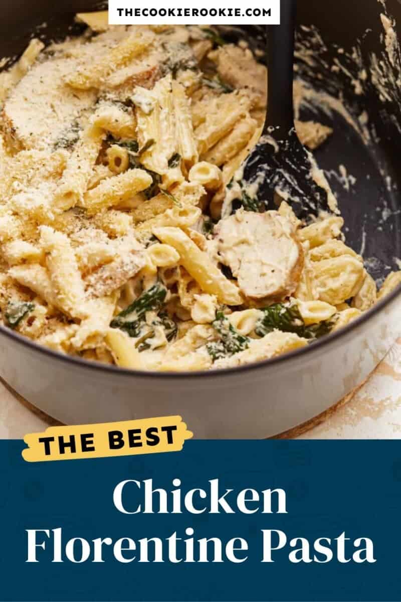 Chicken florentine pasta in a skillet with the text best chicken florentine pasta.