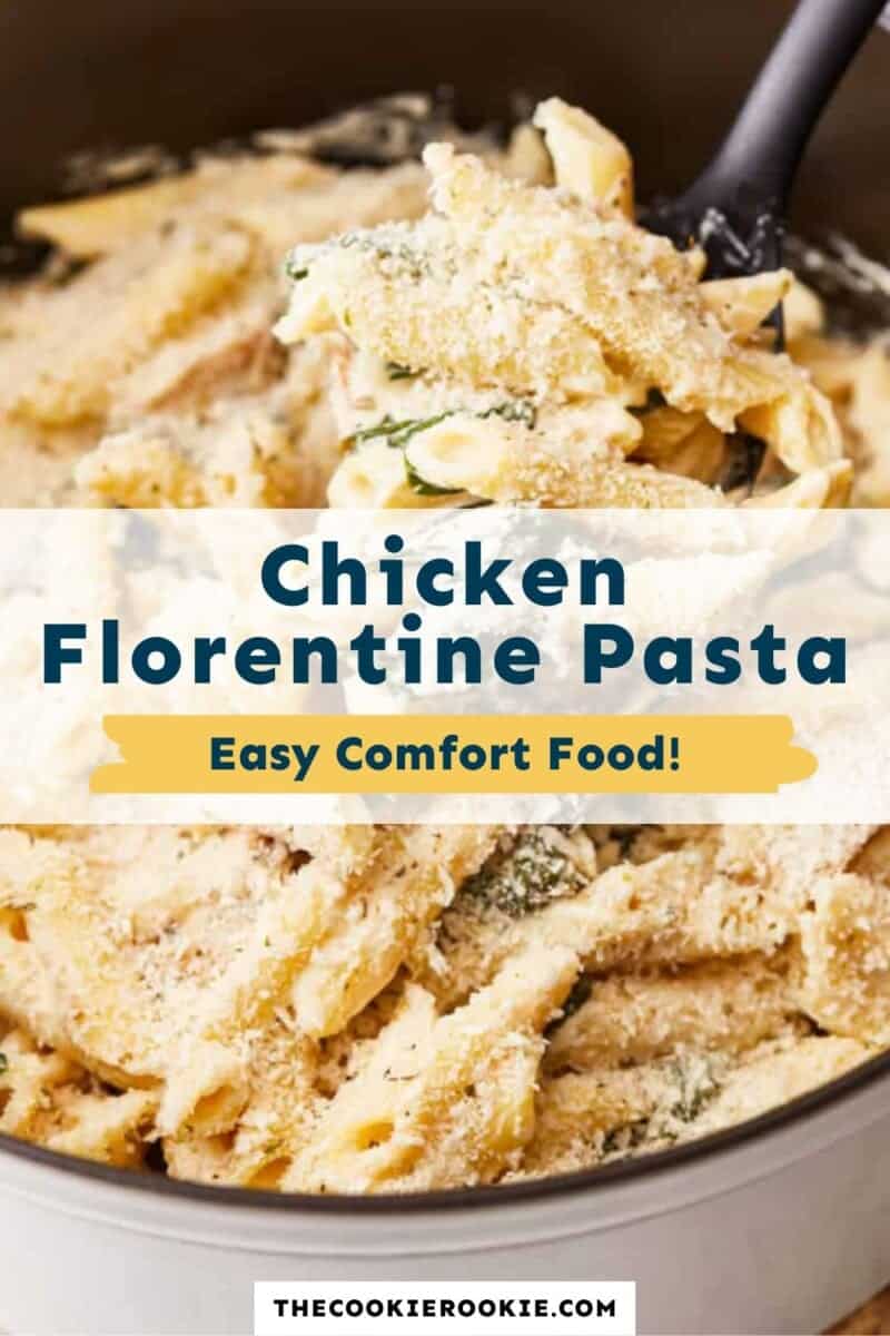 Chicken florentine pasta in a skillet with the text chicken florentine pasta easy comfort food.