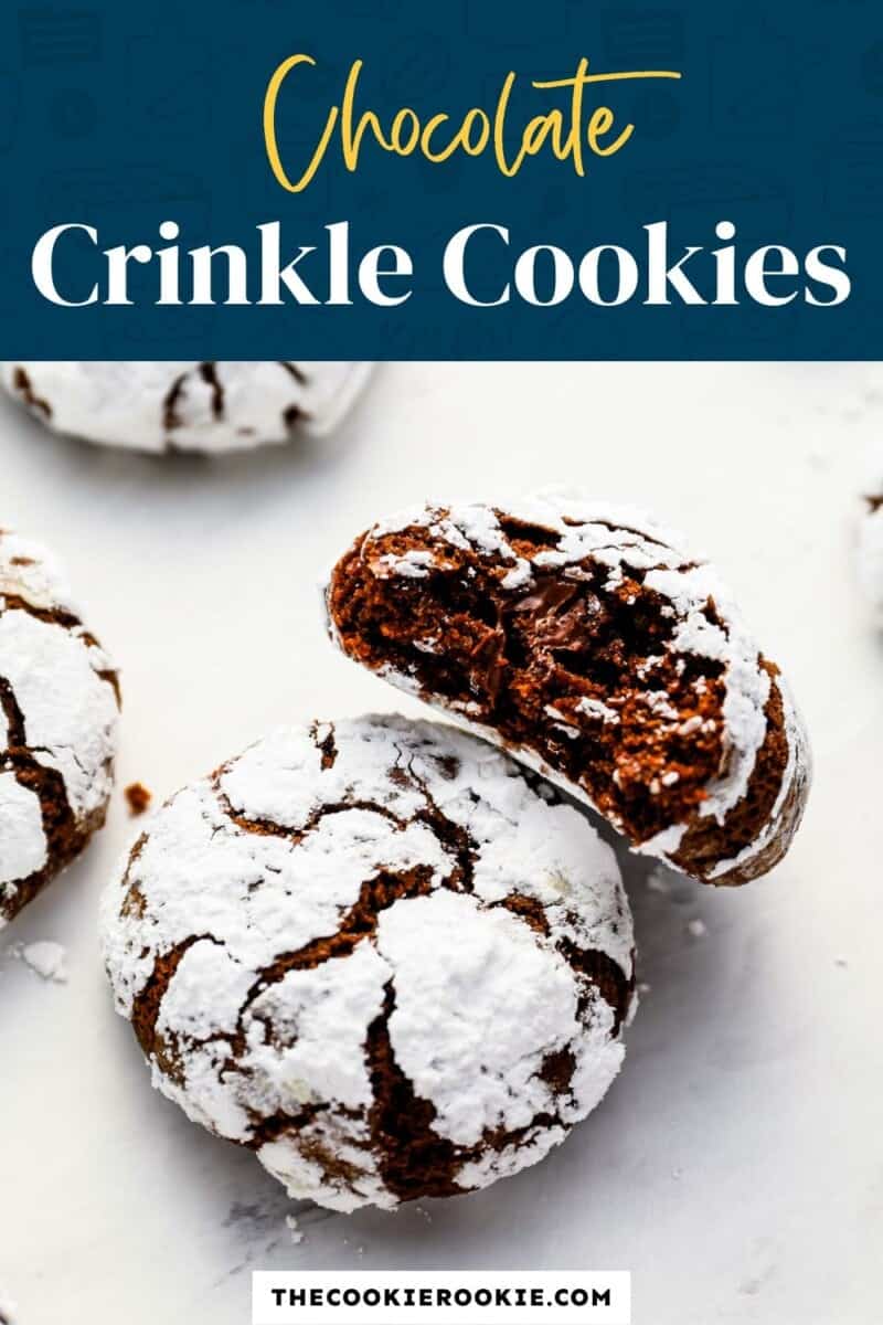 Chocolate crinkle cookies on a white background.