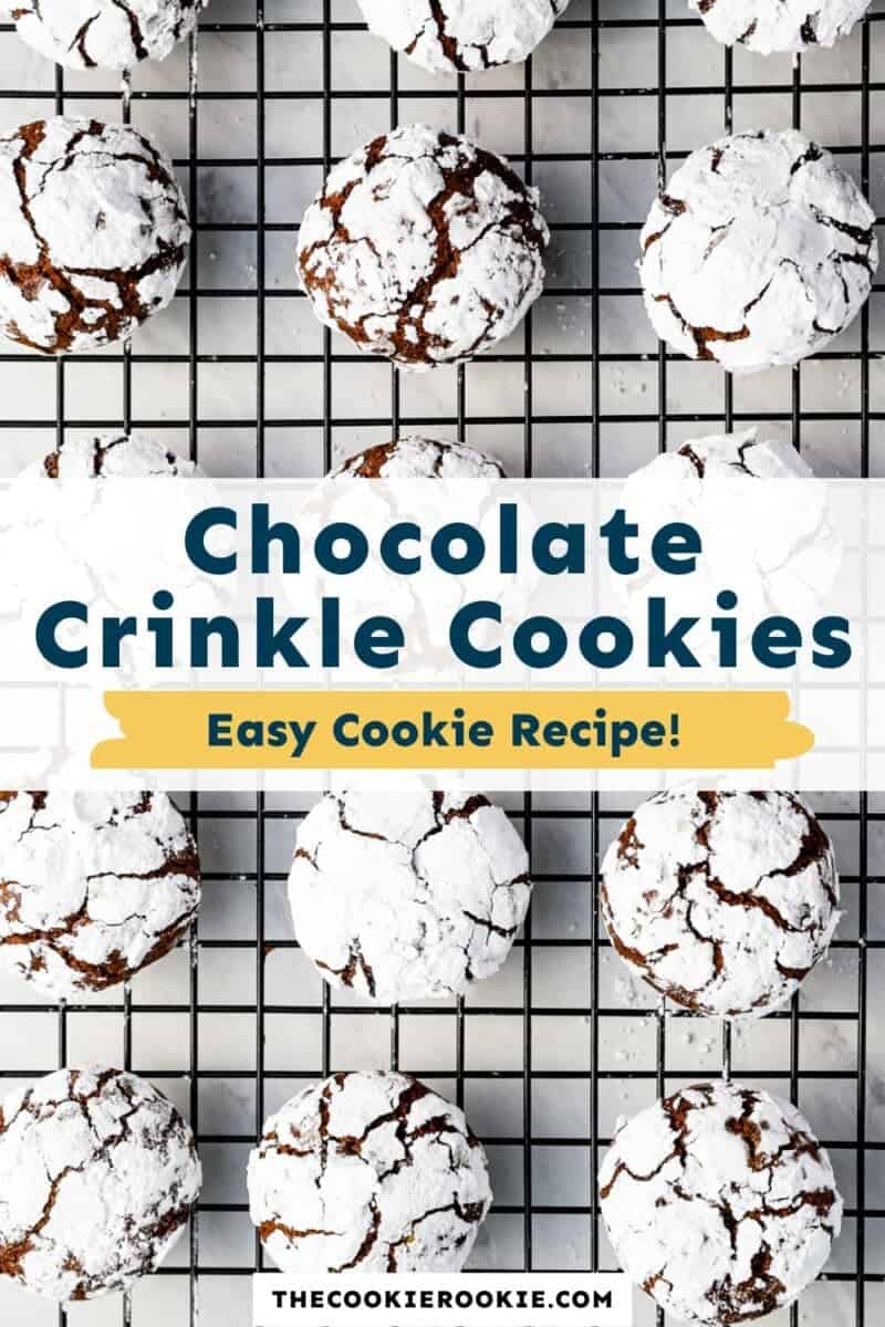 Chocolate crinkle cookies on a cooling rack.