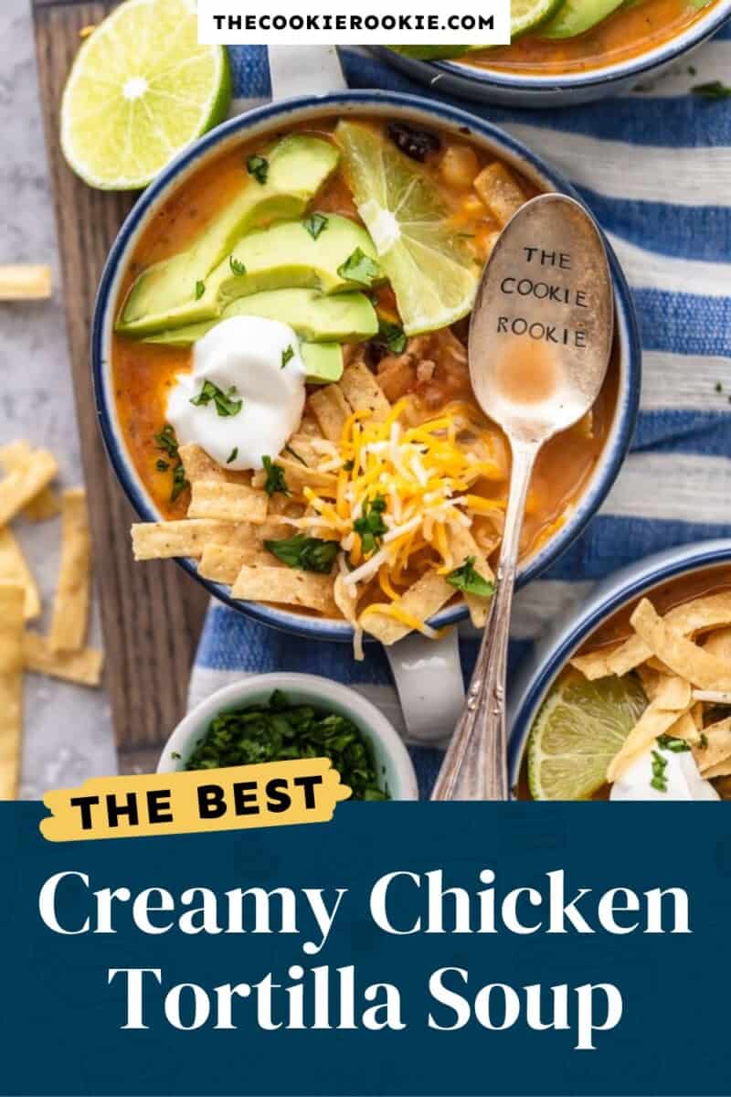 Creamy chicken tortilla soup with guacamole and tortilla chips.