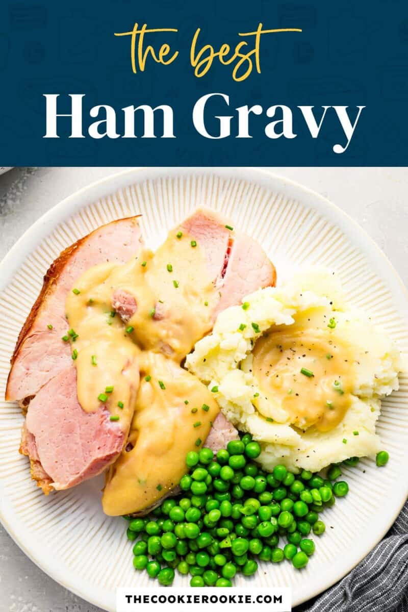 Ham gravy on a plate with peas.