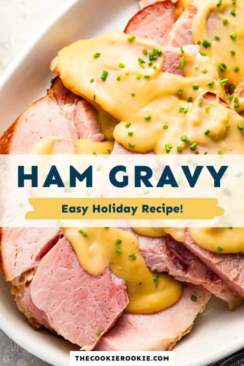Ham gravy on a white plate with the text ham gravy easy holiday recipe.