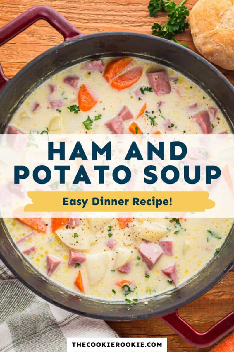 Ham and potato soup in a skillet.