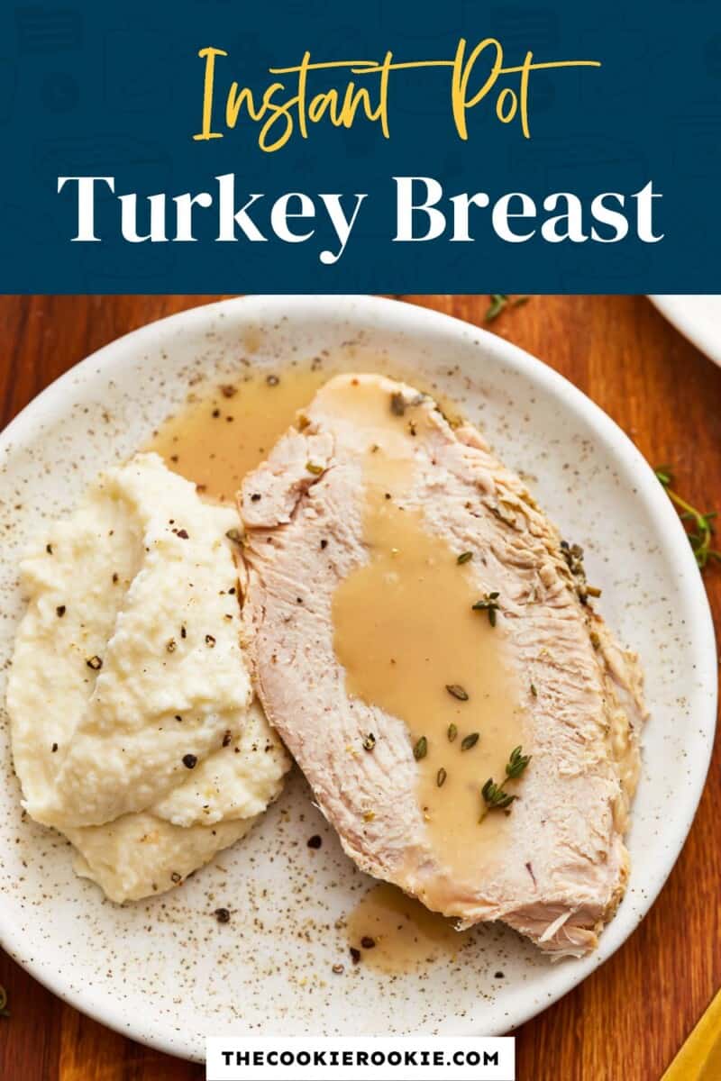 Instant pot turkey breast on a plate with mashed potatoes.