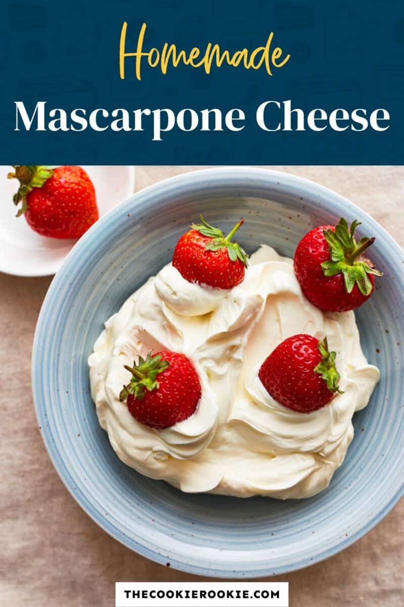 Homemade mascarpone cheese in a blue bowl with strawberries.