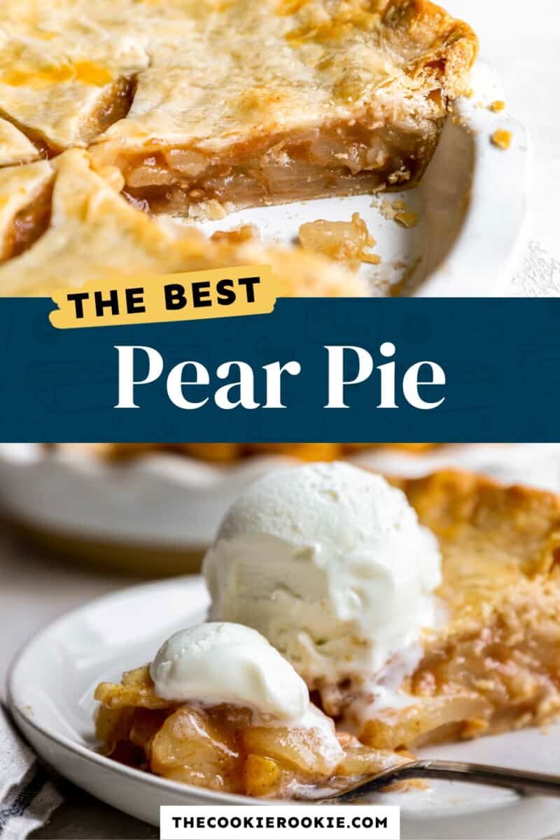 The best pear pie with ice cream on a plate.