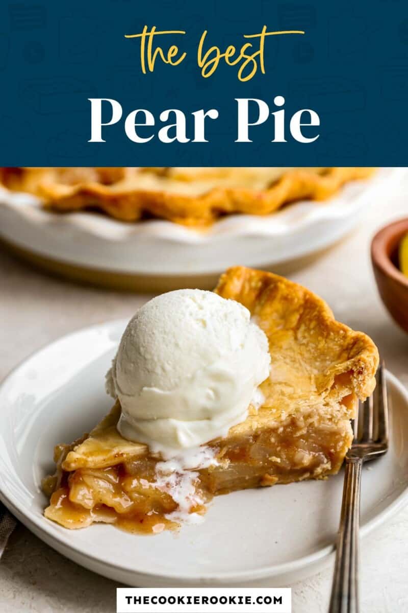 The best pear pie with ice cream on a plate.