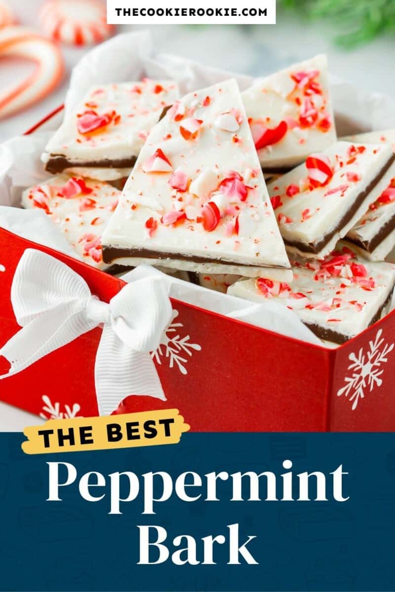 Peppermint bark in a box with the text best peppermint bark.