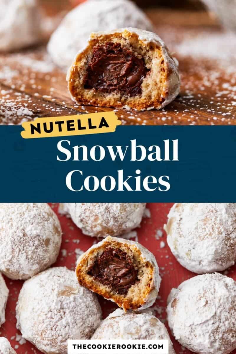Nutella snowball cookies with a bite taken out of them.