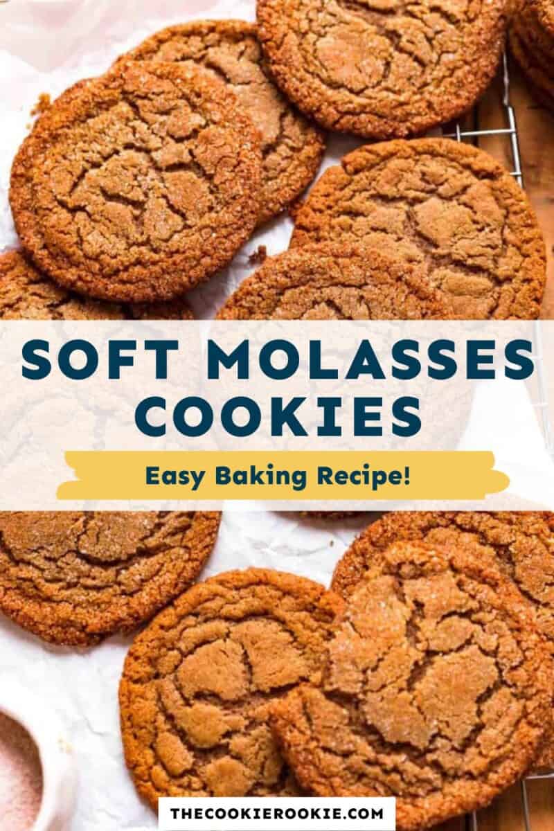 Soft molasses cookies with the text soft molasses cookies easy baking recipe.
