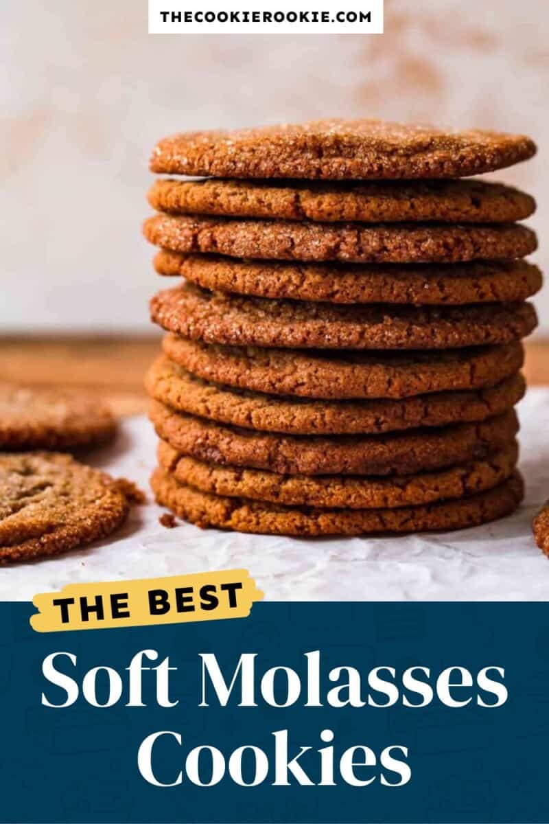 A stack of soft molasses cookies with the text the best soft molasses cookies.