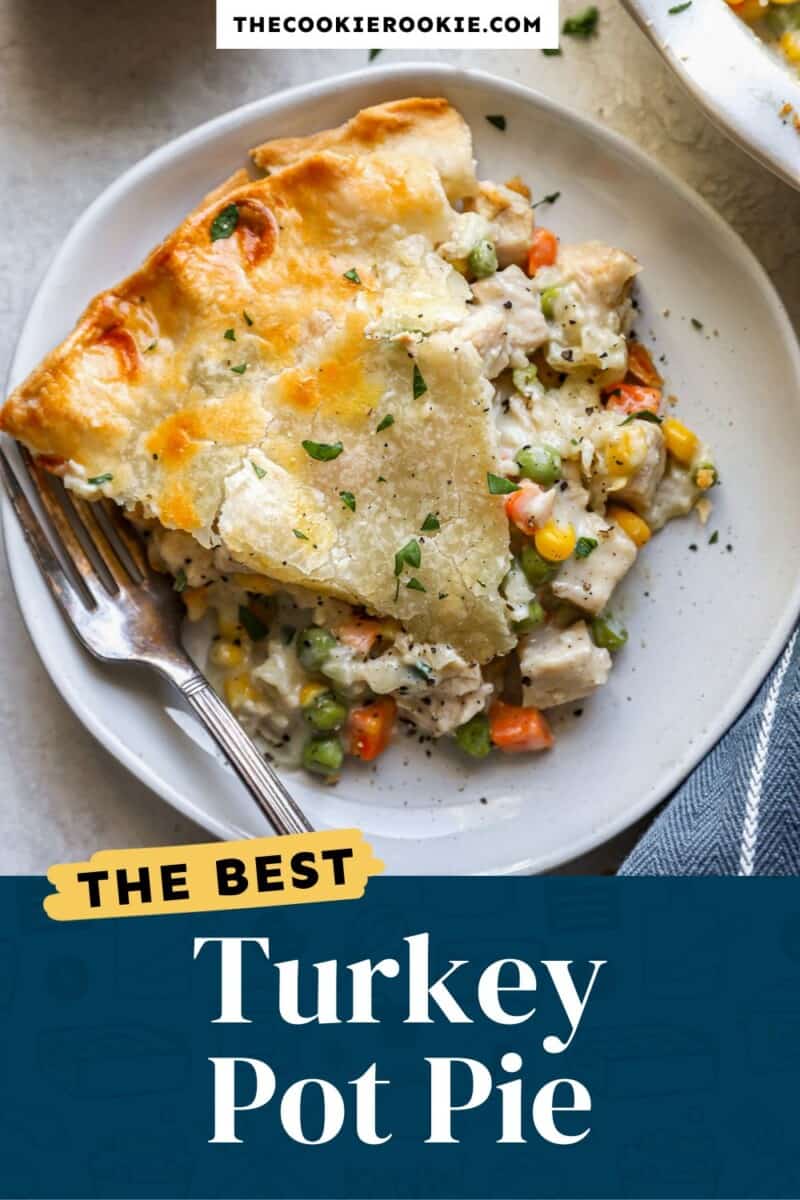 Turkey pot pie on a plate with a fork.