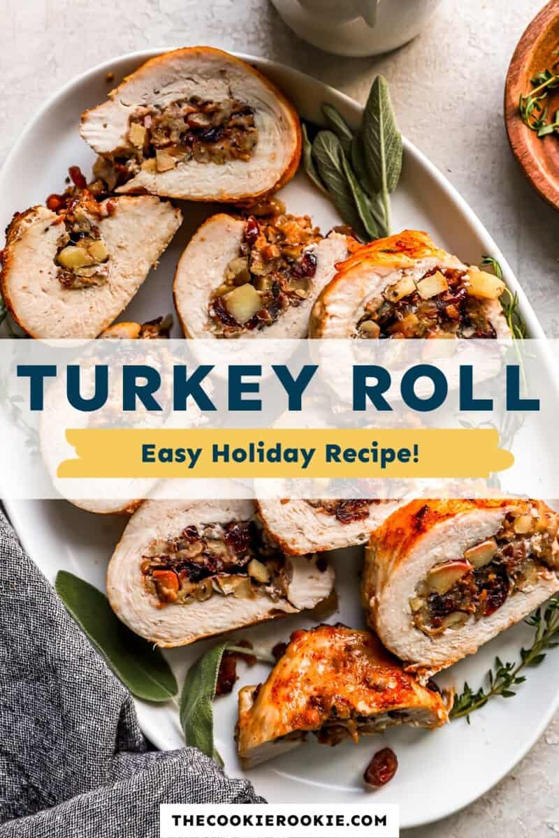 Turkey roll on a plate with the text turkey roll easy holiday recipe.
