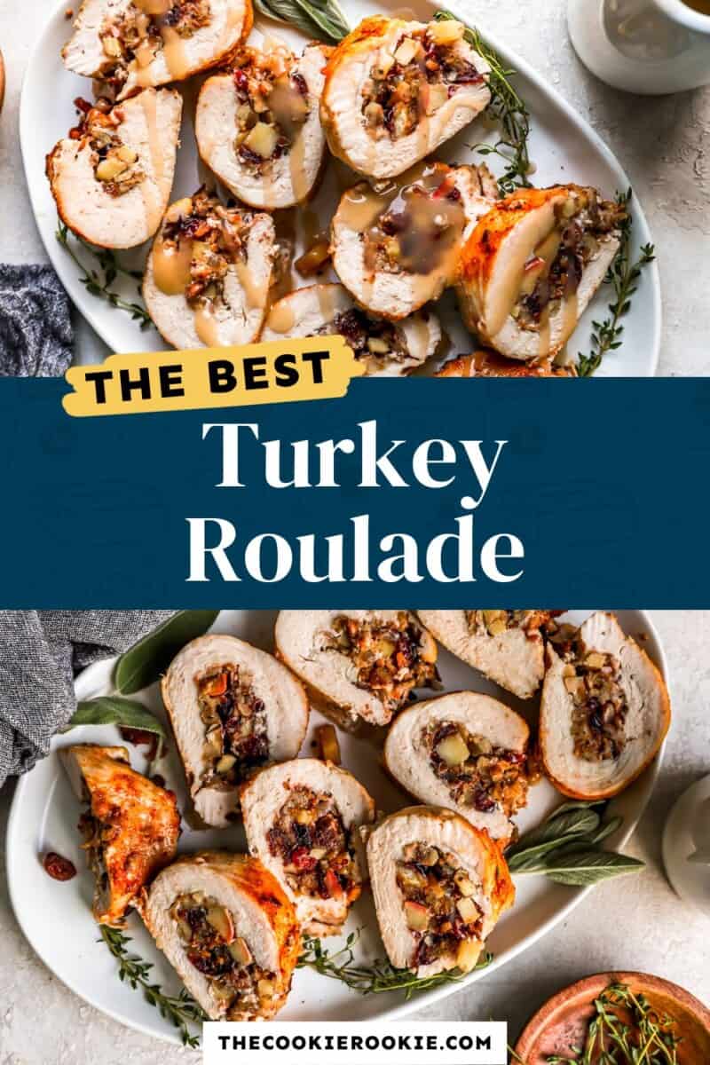 Turkey roulade on a plate with the text the best turkey roulade.