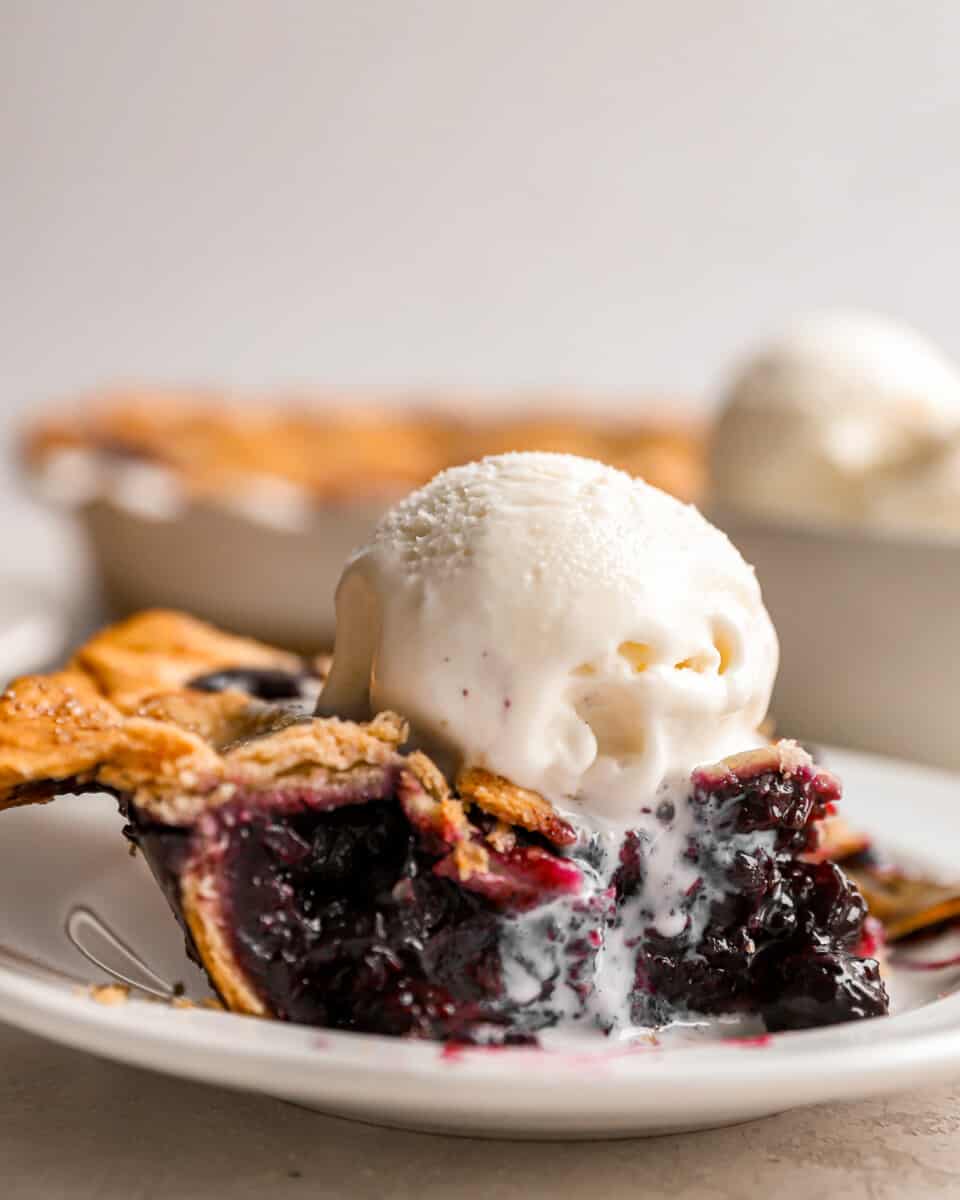 A slice of blueberry pie with ice cream on a plate.