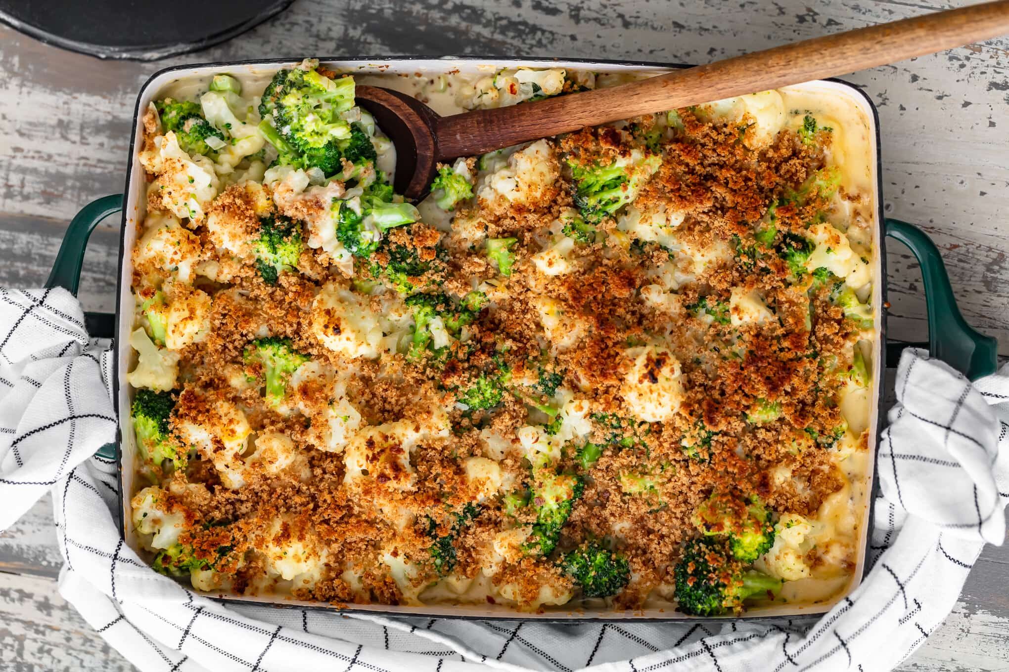 overhead view of creamy broccoli and cauliflower dish