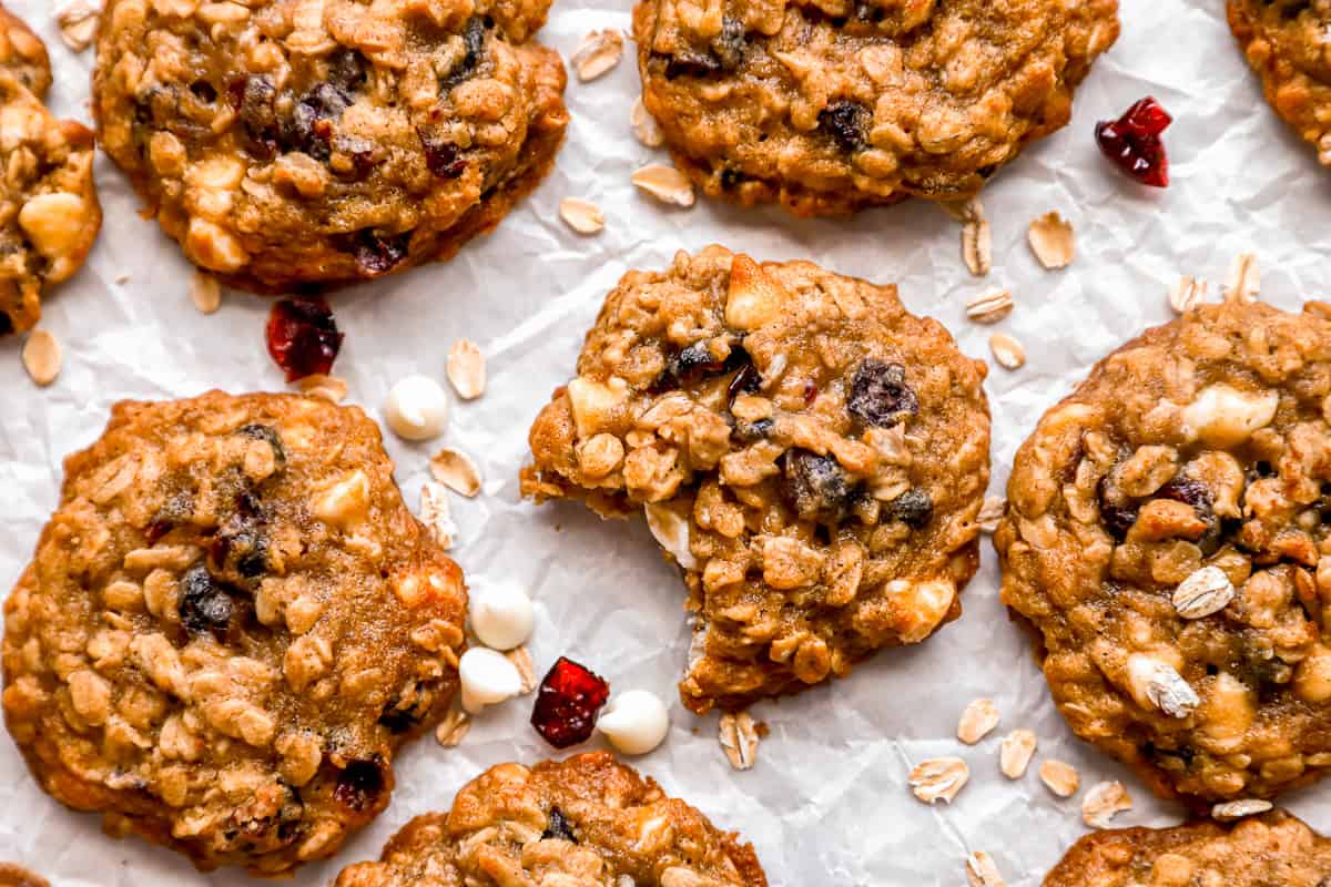 Oatmeal cookies with cranberries and white chocolate chips.