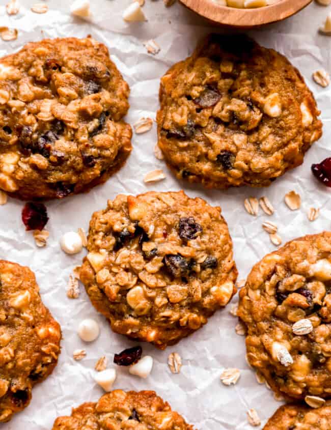 Oatmeal cookies with cranberries and white chocolate chips.
