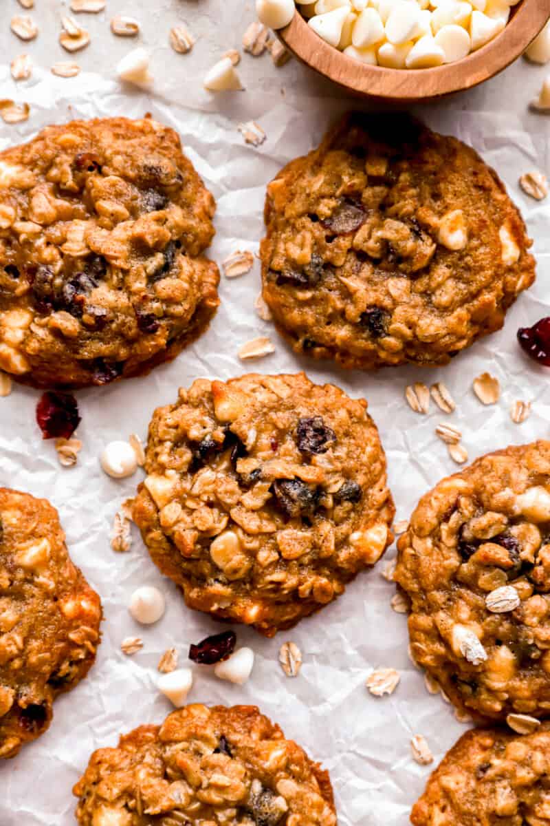 Oatmeal cranberry cookies with dried cranberries and white chocolate chips.
