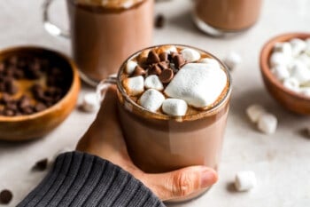 A person holding a cup of hot chocolate with marshmallows.