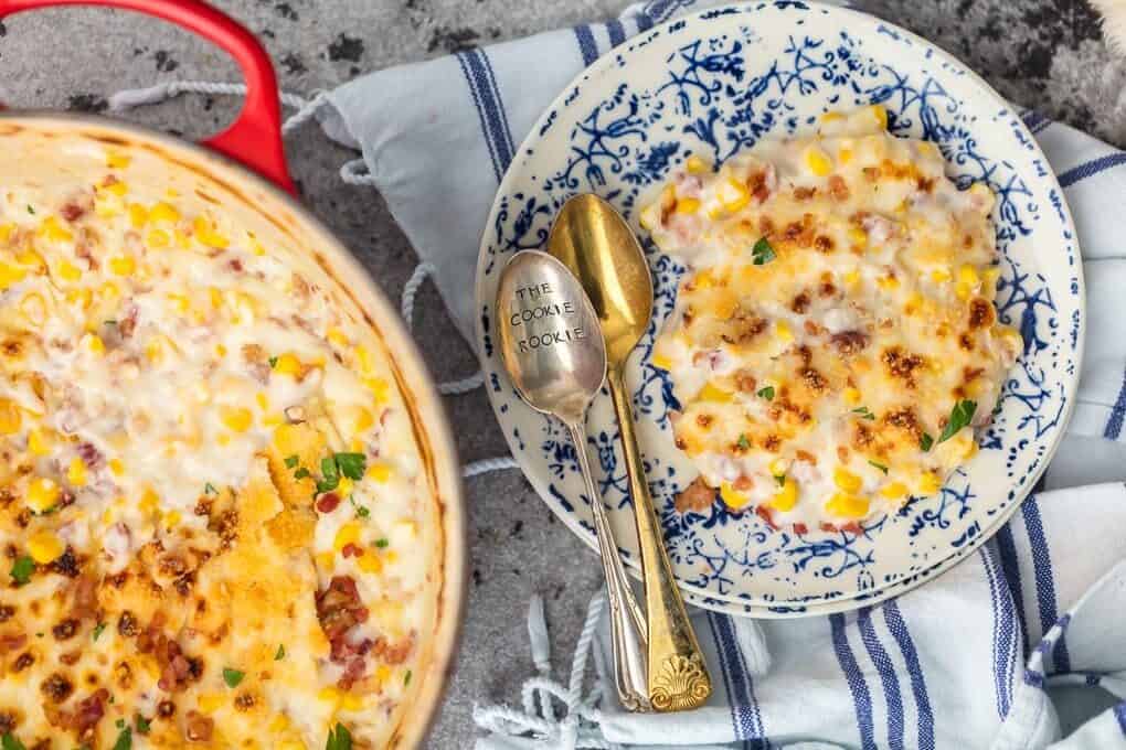creamed Corn Recipe with Bacon, Parmesan, and Mascarpone on a plate