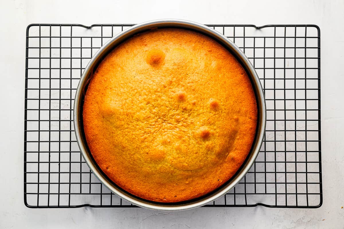 A cake in a pan on a cooling rack.