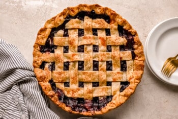 A blueberry pie with a lattice pattern on top.