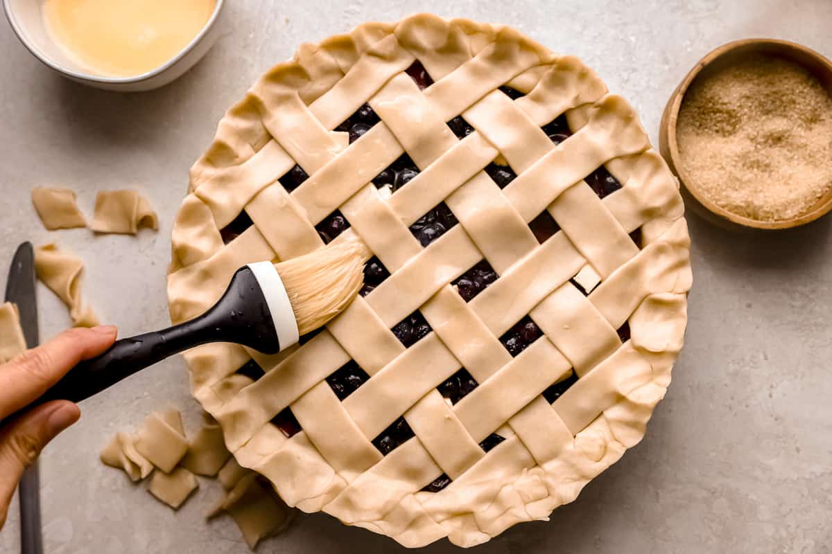 Egg wash brushed on a lattice pie.