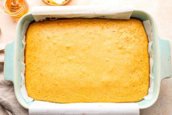 A baking dish with a cake in it.