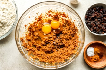 A bowl with flour, eggs, raisins and other ingredients.