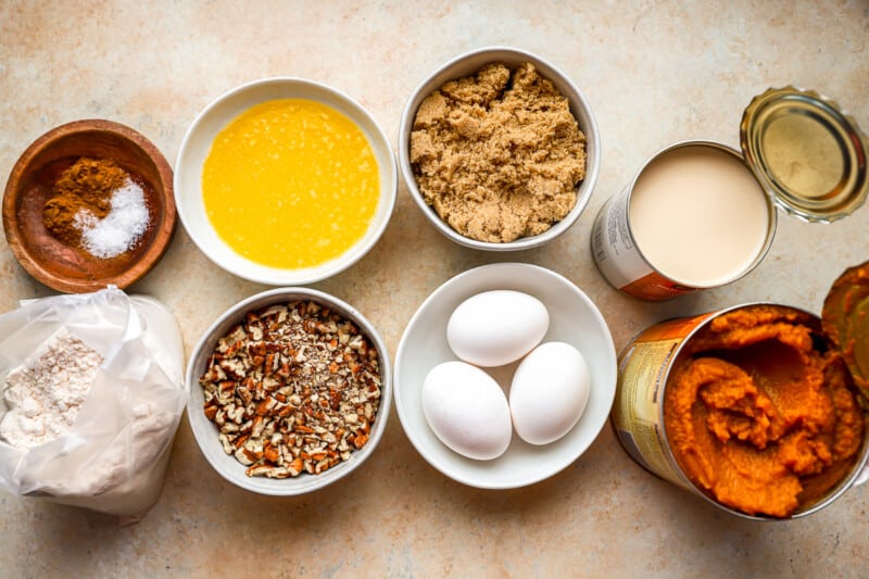 A bowl of ingredients for a pumpkin pie.