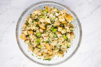 overhead view of vegetarian stuffing in a glass bowl.