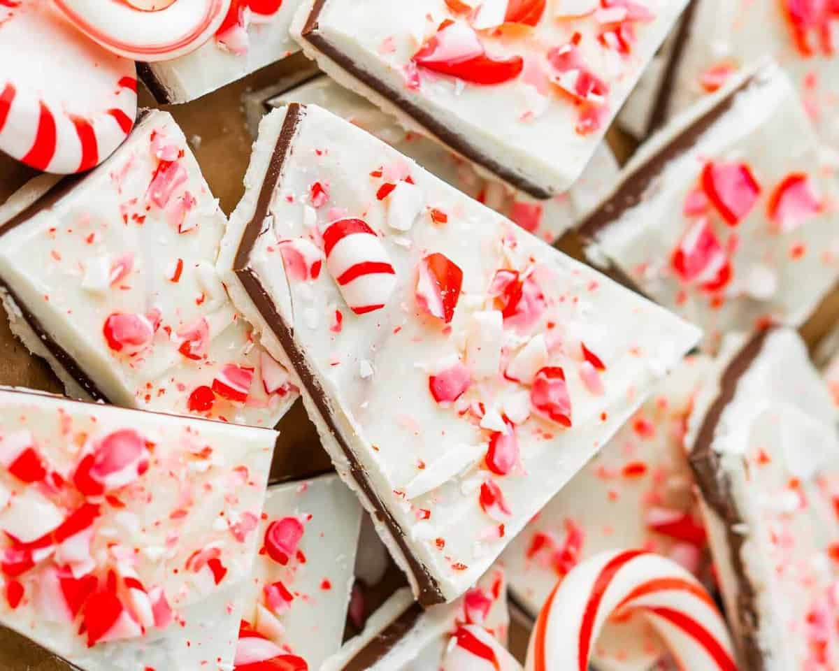 Peppermint bark with white chocolate and candy canes.