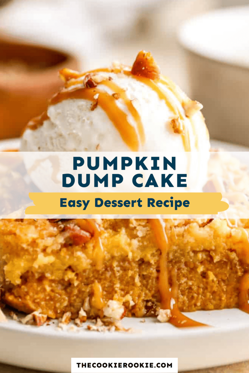 Pumpkin dump cake on a plate with ice cream.