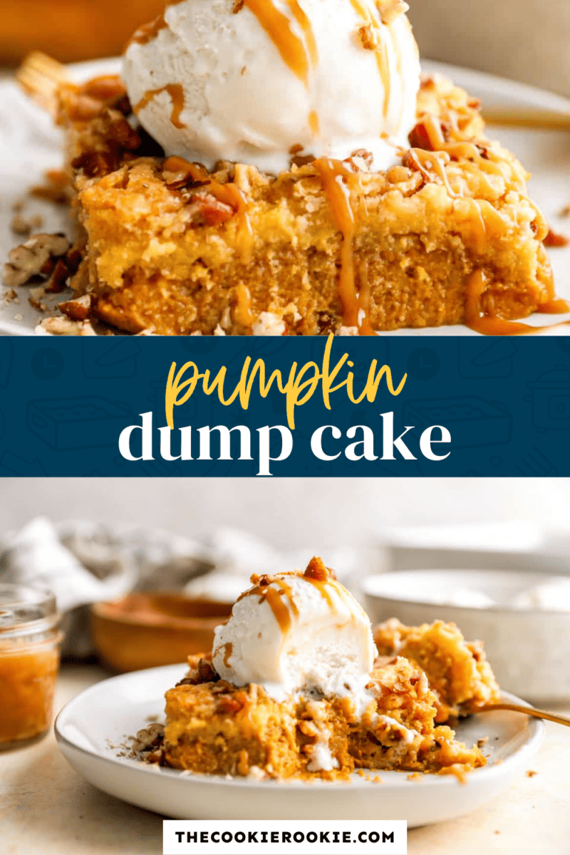 A delectable pumpkin dump cake topped with creamy ice cream and drizzled with velvety caramel.