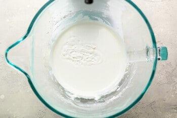 A bowl of milk in a blender.