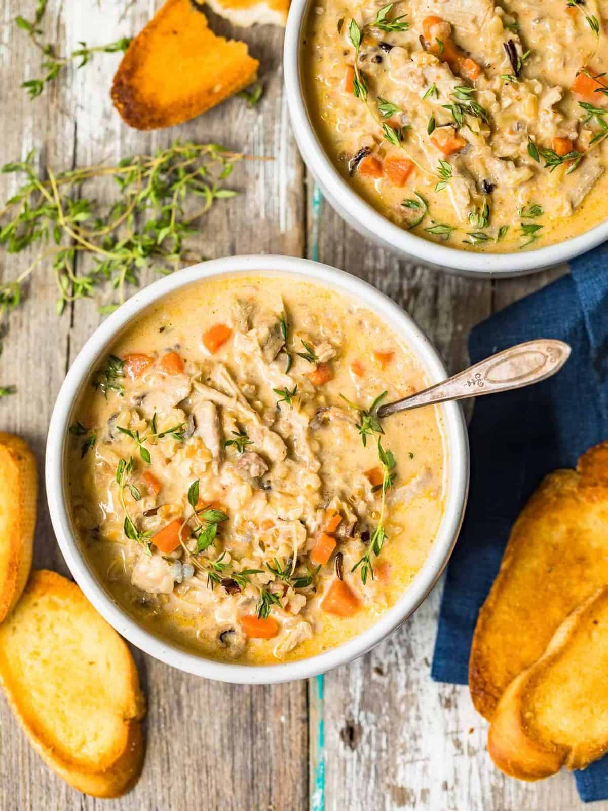 Turkey wild rice soup in two bowls