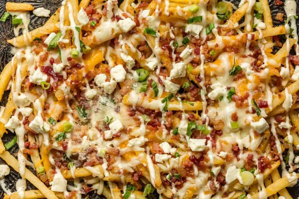 a detailed view of the fries and the toppings of cheese, bacon, ranch dressing, and green onion
