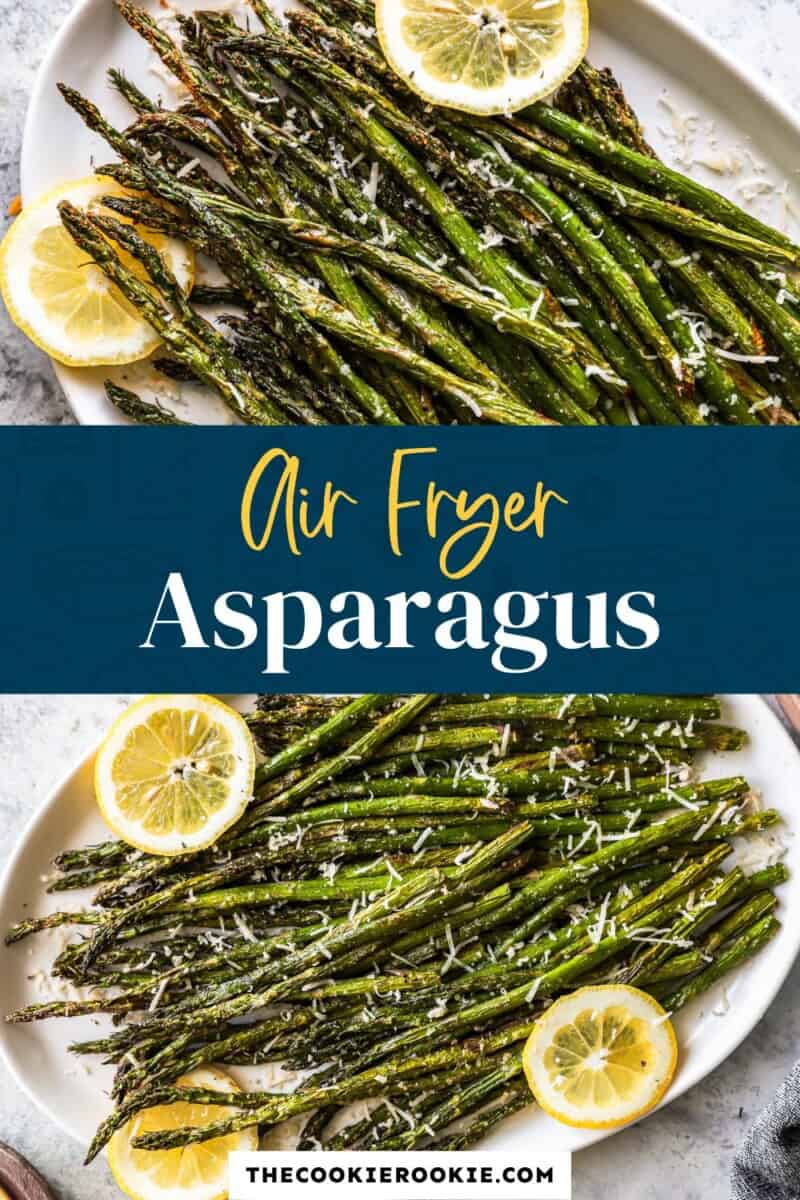 Air fry asparagus with lemon slices on a plate.