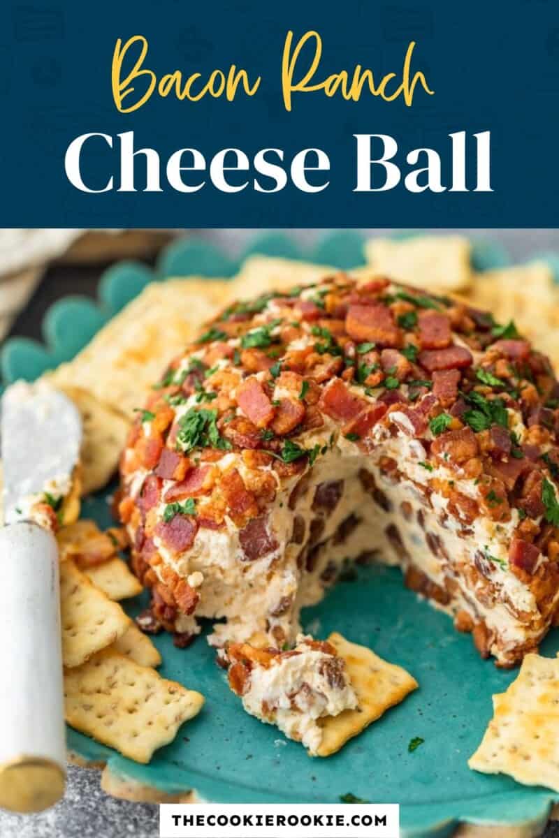 Bacon ranch cheese ball on a plate with crackers.