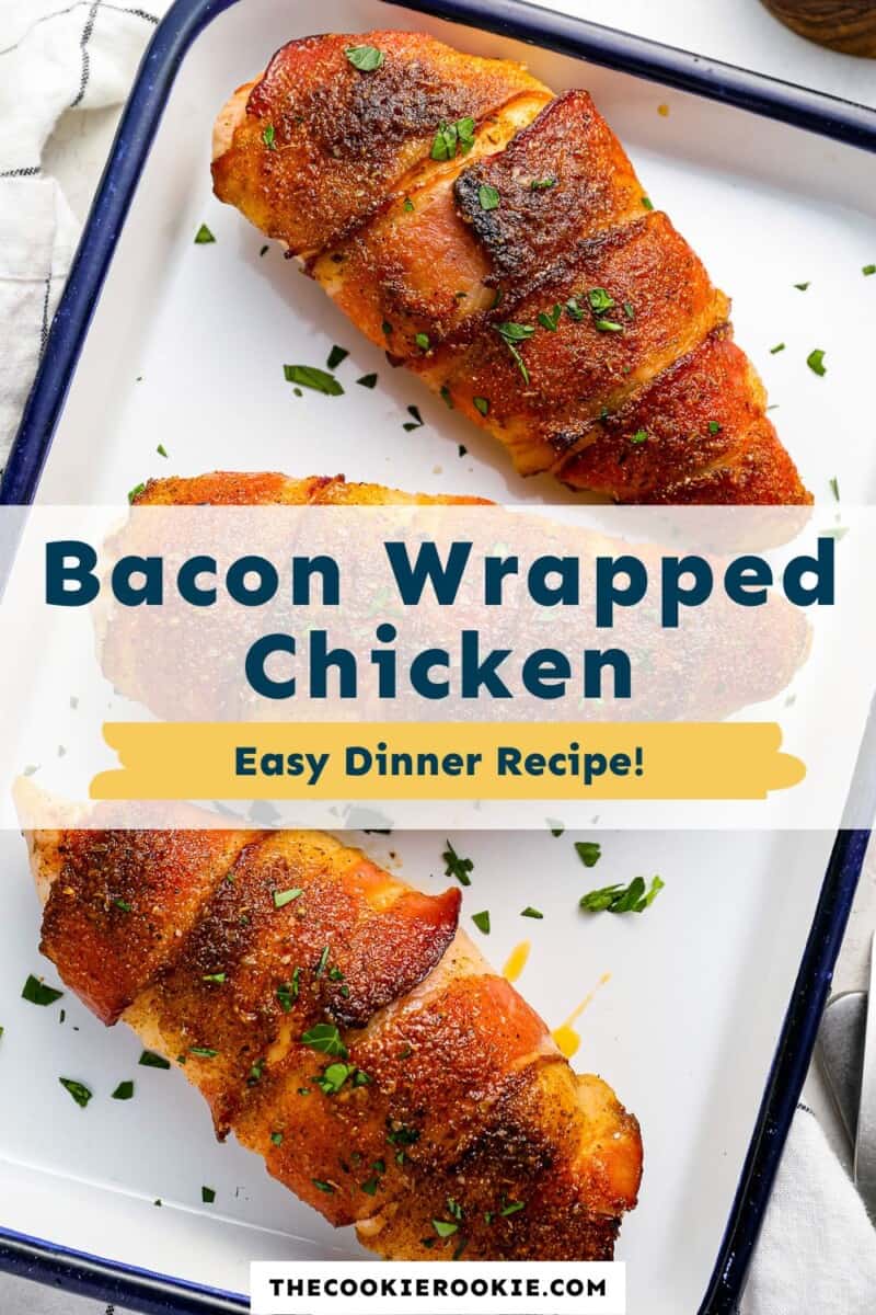 Bacon wrapped chicken on a baking sheet.