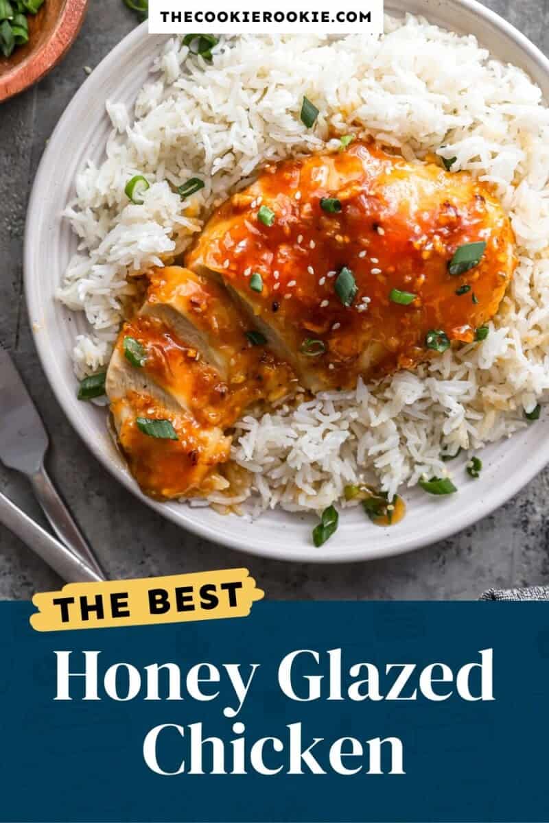 Honey glazed chicken on a plate with rice.