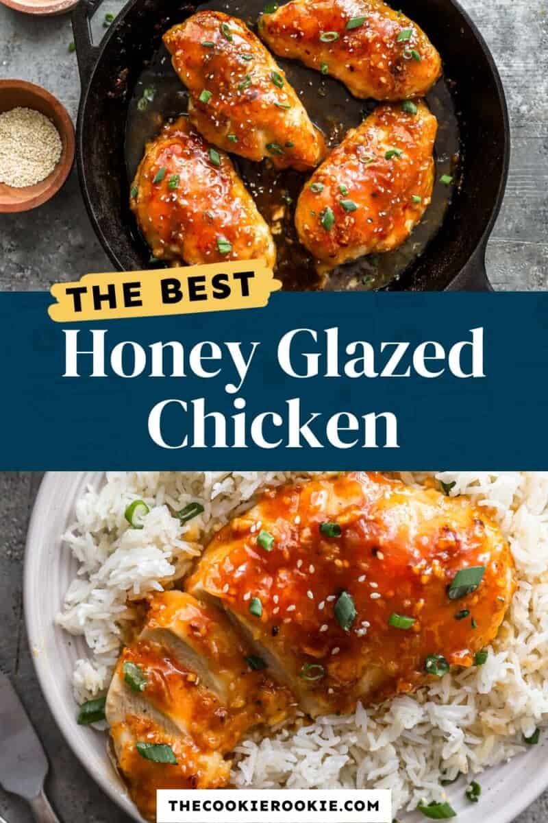 Honey glazed chicken in a skillet with rice.